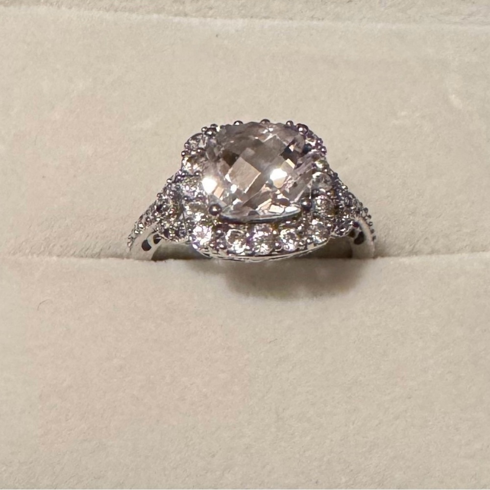 Lab White Sapphire Cushion Cut Halo Ring Sterling Silver Size 7